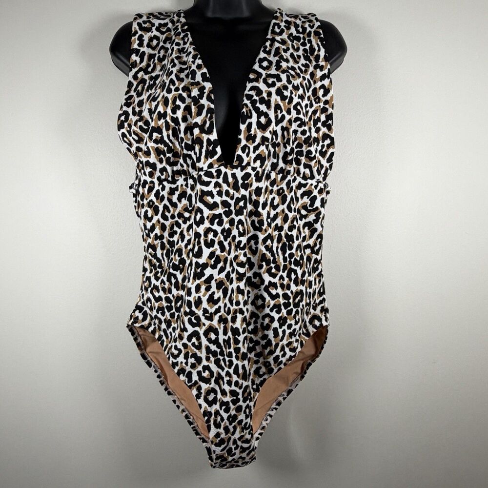 J. CREW Womens XL Leopard Animal Print Plunge V-Neck One Piece Swimsuit Beach